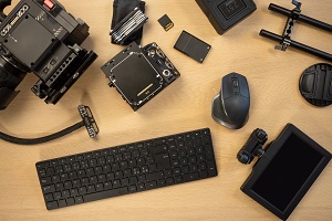 top view of electronics on a table